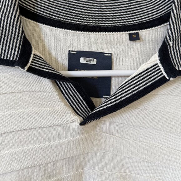 Guide London Cream Tonal Stripe Rib Knit Buttonless Short Sleeve Polo - Picture 3 of 3